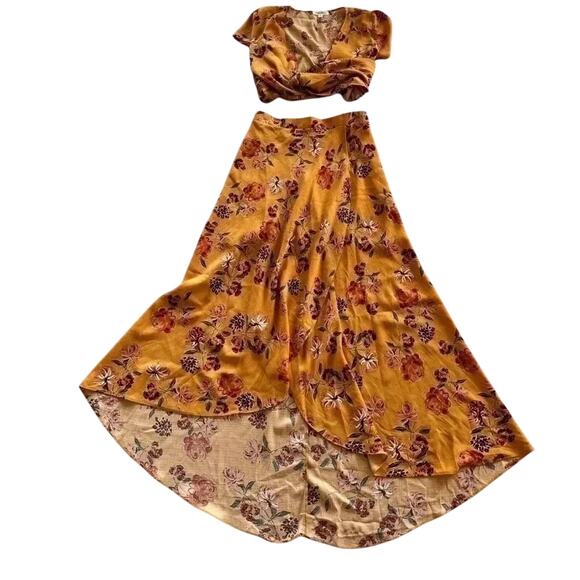Women’s M Cotton Candy LA Mustard Floral Midi Skirt Boho Fall Style - Picture 1 of 3